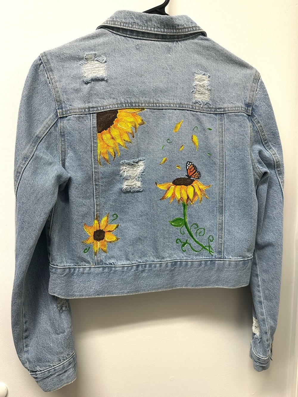 Blue Spice Light Blue Denim Jacket with Sunflower & Butterfly Artwork